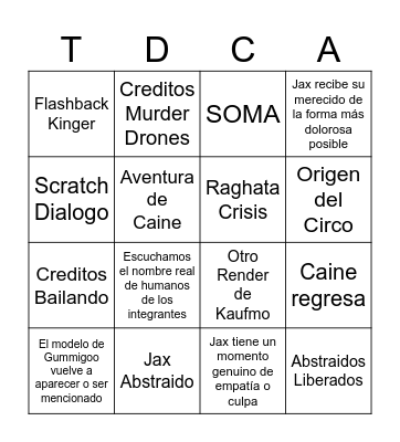 The Amazing Digital Circus Bingo Card