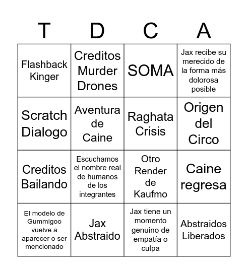 The Amazing Digital Circus Bingo Card