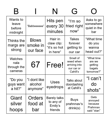 Our night out Bingo Card