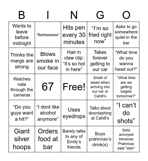 Our night out Bingo Card