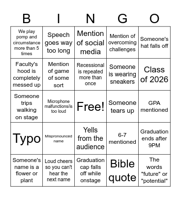 Graduation Bingo Card