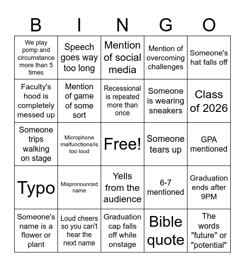 Graduation Bingo Card