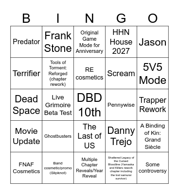 DbD 10th Anniversary Bingo Card