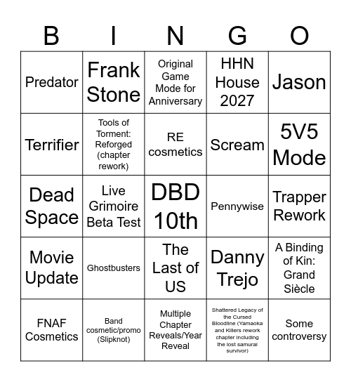 DbD 10th Anniversary Bingo Card