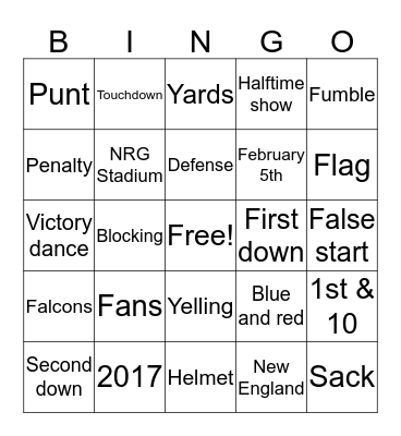 Super Bowl 2017 Bingo Card