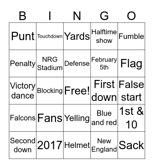 Super Bowl 2017 Bingo Card