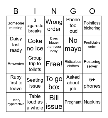 Dinner Bingo Card