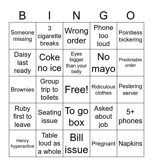 Dinner Bingo Card