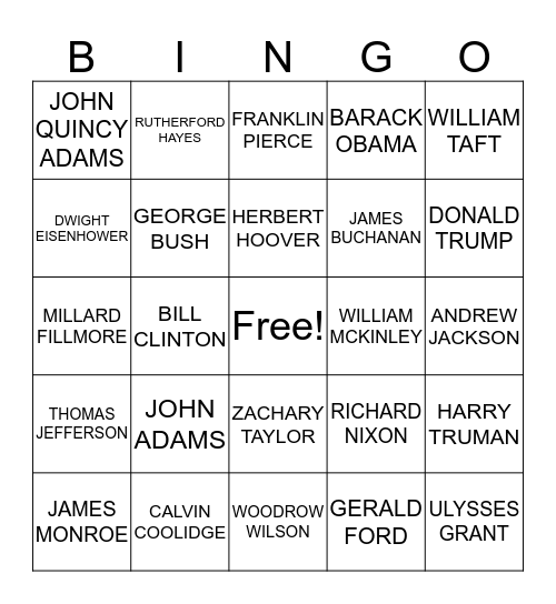 PRESIDENTS Bingo Card