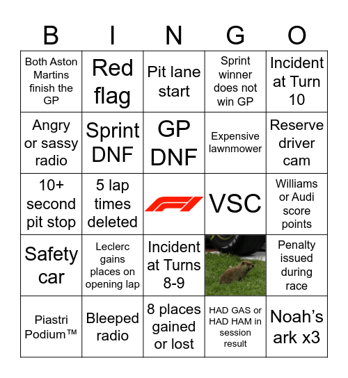 F1 Bingo - Canada 2026 Bingo Card