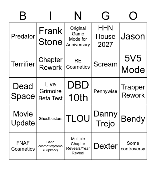 DbD 10th Anniversary Bingo Card