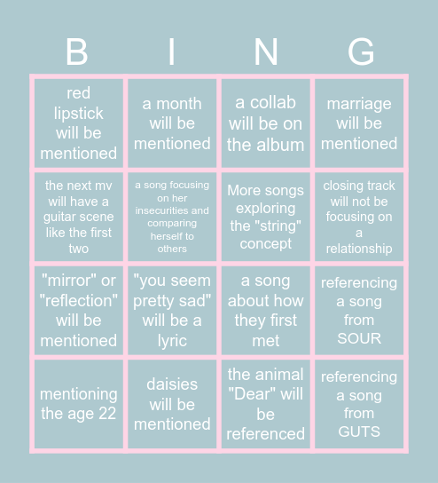you seem pretty sad for a girl so in love Bingo Card