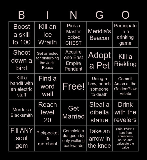 Skyrim Randomizer Bingo Card