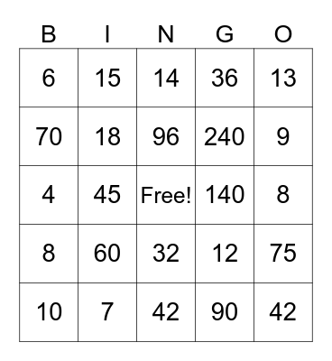 LCM and GCF Bingo Card