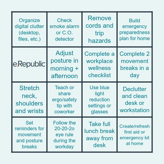 Thrive Week 4: Workplace Ergonomics & Safety Bingo Card