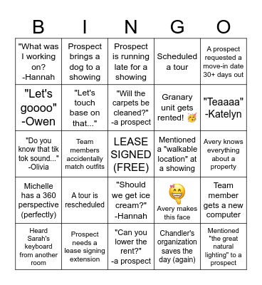 Leasing Team Bingo Card