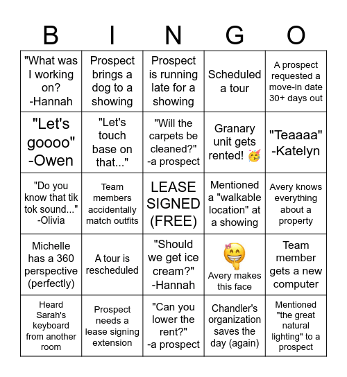 Leasing Team Bingo Card