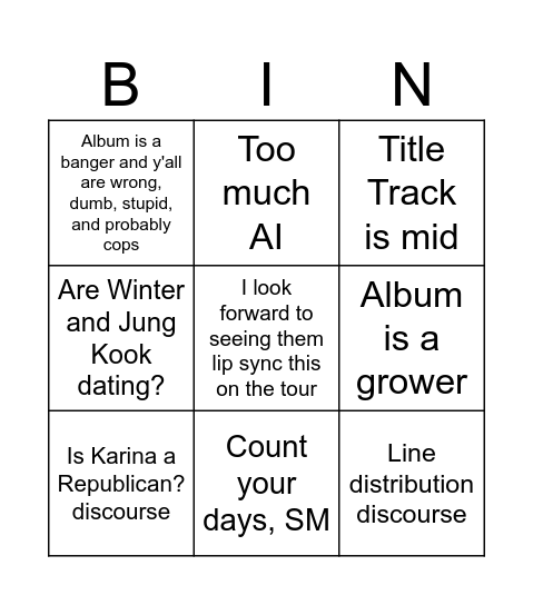 AESPA "Lemonade" Comeback Bingo Card