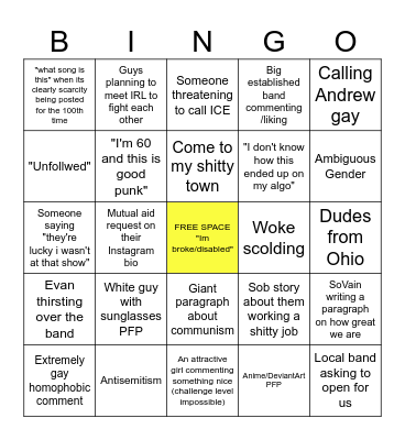 Lieb Instagram Comments Bingo Card