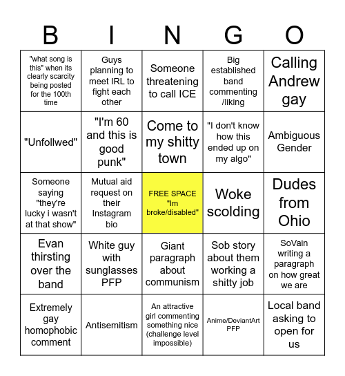 Lieb Instagram Comments Bingo Card