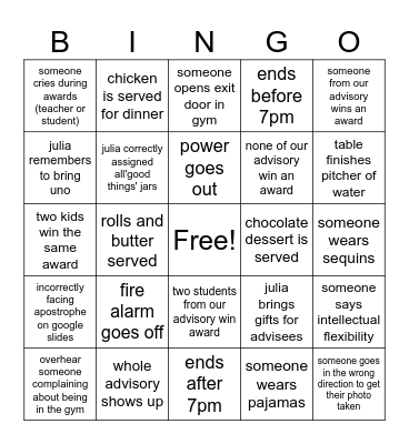 Awards Night Bingo Card