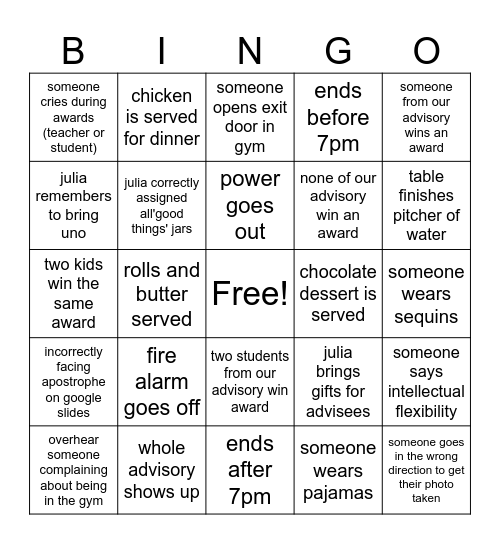 Awards Night Bingo Card