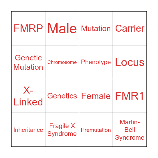 Fragile X Syndrome Bingo Card