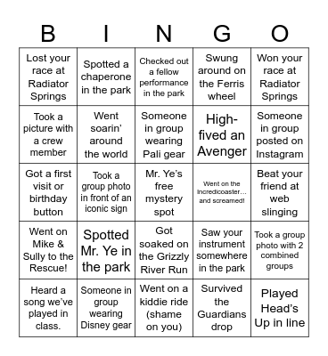 Pali Band Disneyland Bingo Card