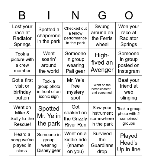 Pali Band Disneyland Bingo Card