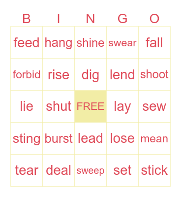 Irregular Verbs Bingo Card