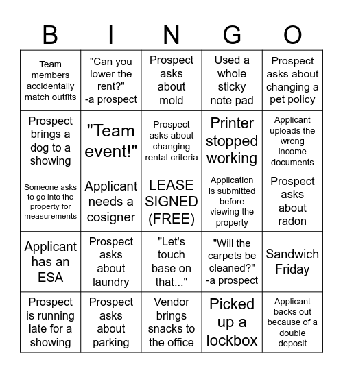 Leasing Team Bingo Card