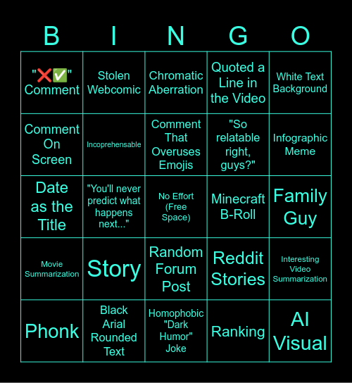 No-Effort Youtube Shorts Bingo Card