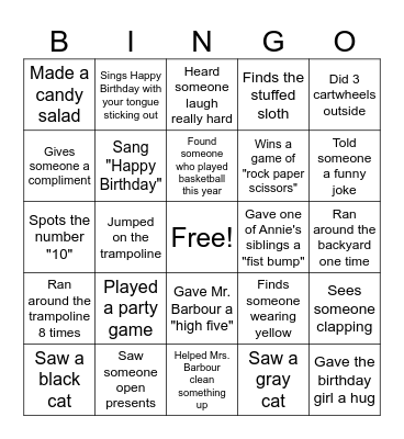 Annie's 10th Birthday BINGO Card
