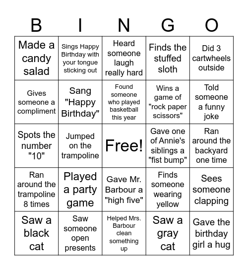 Annie's 10th Birthday BINGO Card