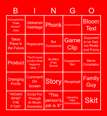 No-Effort Youtube Shorts Bingo Card