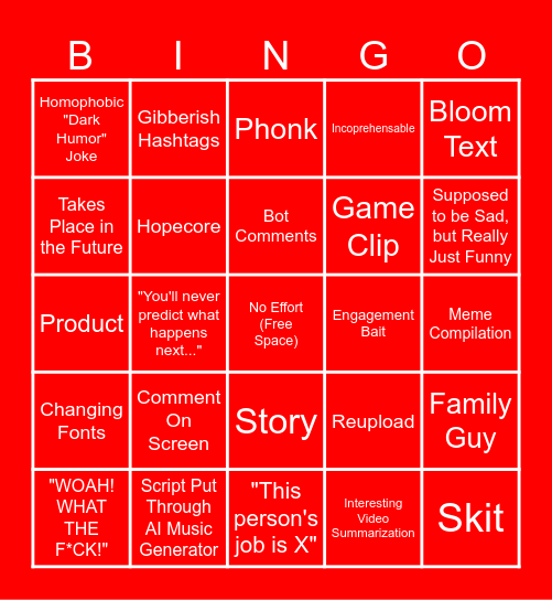 No-Effort Youtube Shorts Bingo Card