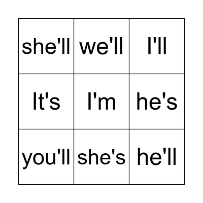 Contraction BINGO Card