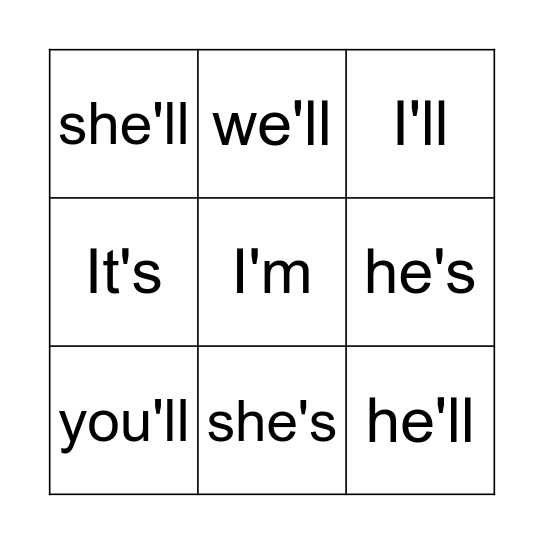Contraction BINGO Card