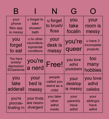 ADHD bingo card!! 🧠 Bingo Card