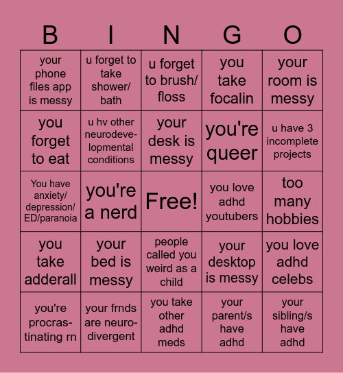ADHD bingo card!! 🧠 Bingo Card