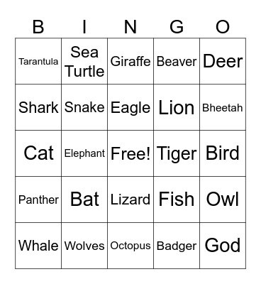 Animals Bingo Card