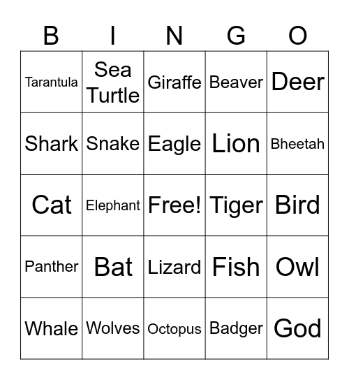 Animals Bingo Card