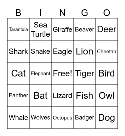 Animals Bingo Card