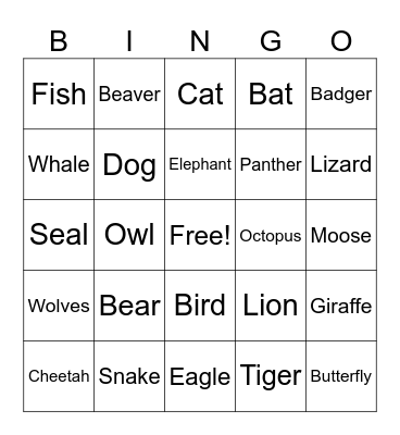 Animals Bingo Card