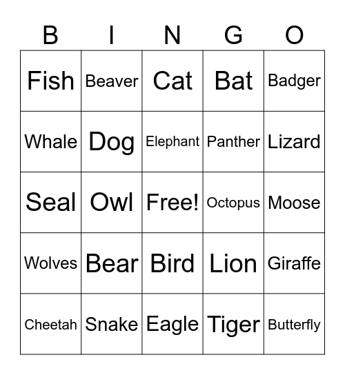 Animals Bingo Card
