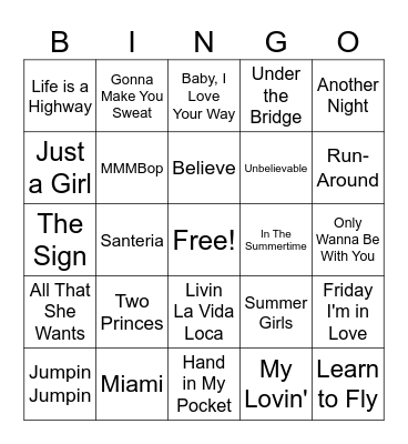 90's Summer Hits Bingo Card