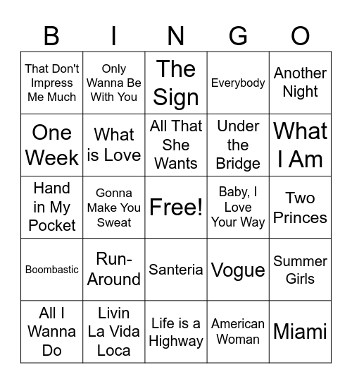 90's Summer Hits Bingo Card