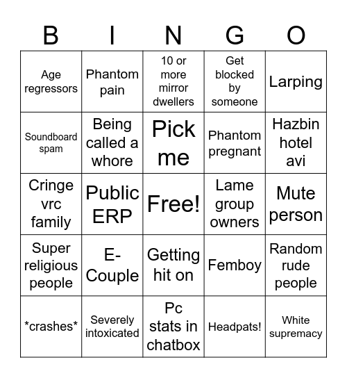 Vrchat bingo! Bingo Card