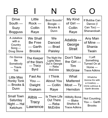 90's Country Bingo Card