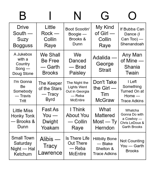 90's Country Bingo Card